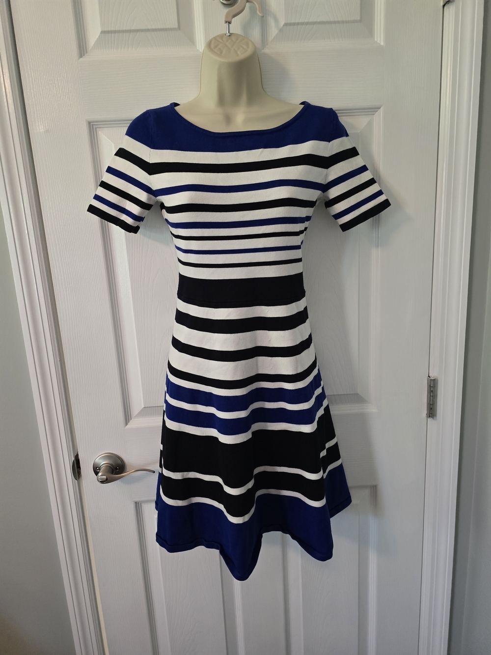 BCBGMaxAzria Blue, Black & White Striped Fit-and-Flare Dress